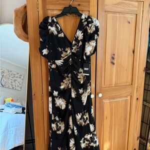 DKNY Black Maxi Dress with Beige Floral Print